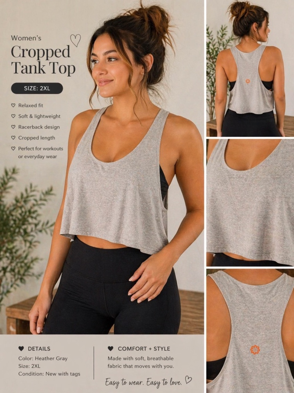 Pro Player cropped Heather Gray Racerback Tank Top 2X